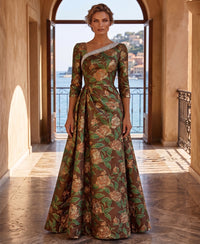 Jacquard A-Line/Princess Asymmetric Neck Floor-Length Mother of the Bride & Groom Dresses with Pleats