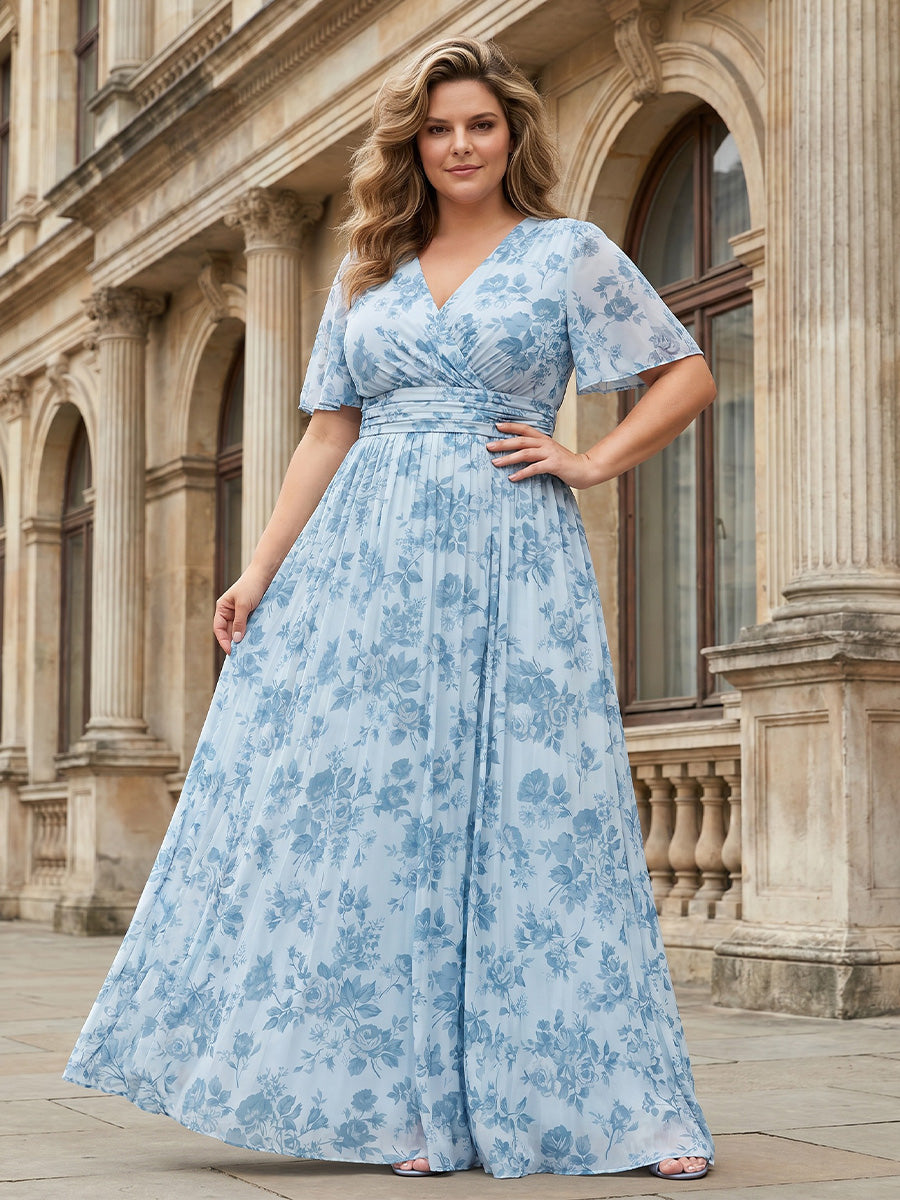 Plus Size Floral Print A-Line/Princess V-Neck Floor-Length Mother of the Bride & Groom Dresses with Pleats