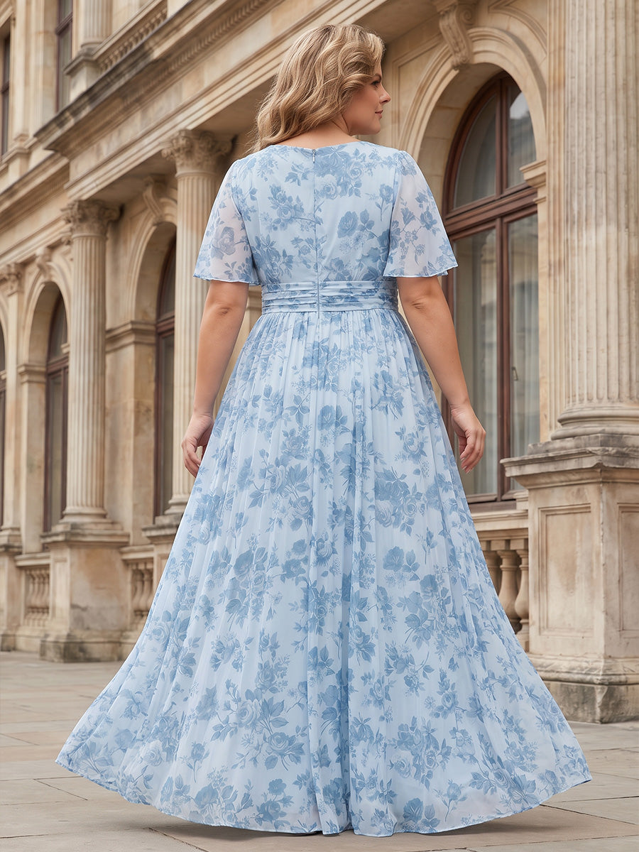 Plus Size Floral Print A-Line/Princess V-Neck Floor-Length Mother of the Bride & Groom Dresses with Pleats