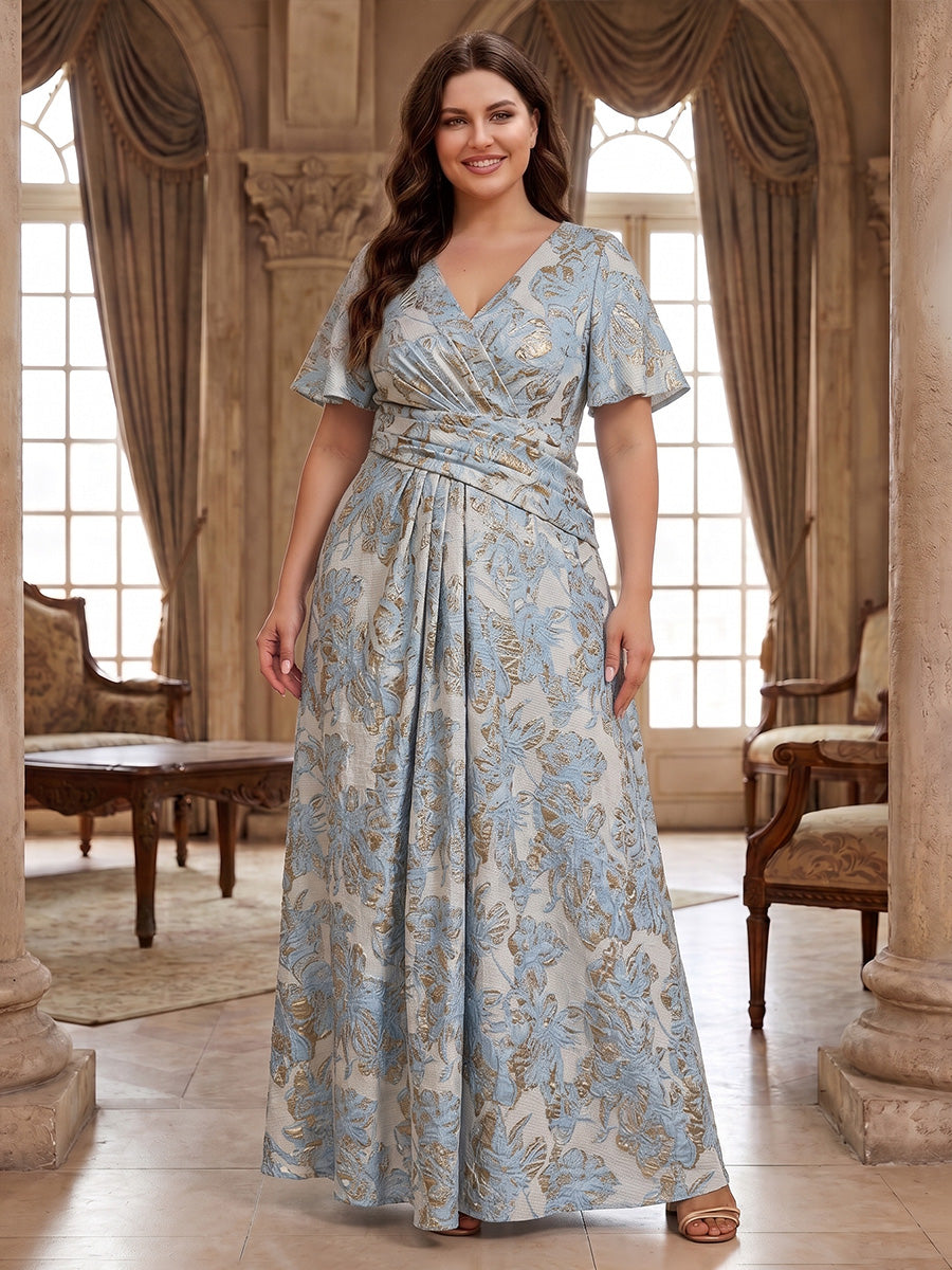 Plus Size Jacquard A-Line/Princess V-Neck Floor-Length Mother of the Bride & Groom Dresses with Ruched Waist
