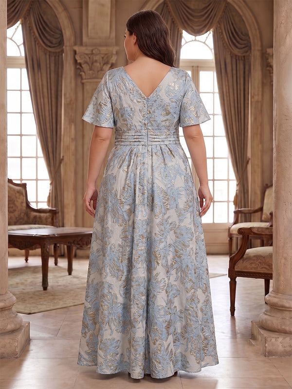 Plus Size Jacquard A-Line/Princess V-Neck Floor-Length Mother of the Bride & Groom Dresses with Ruched Waist
