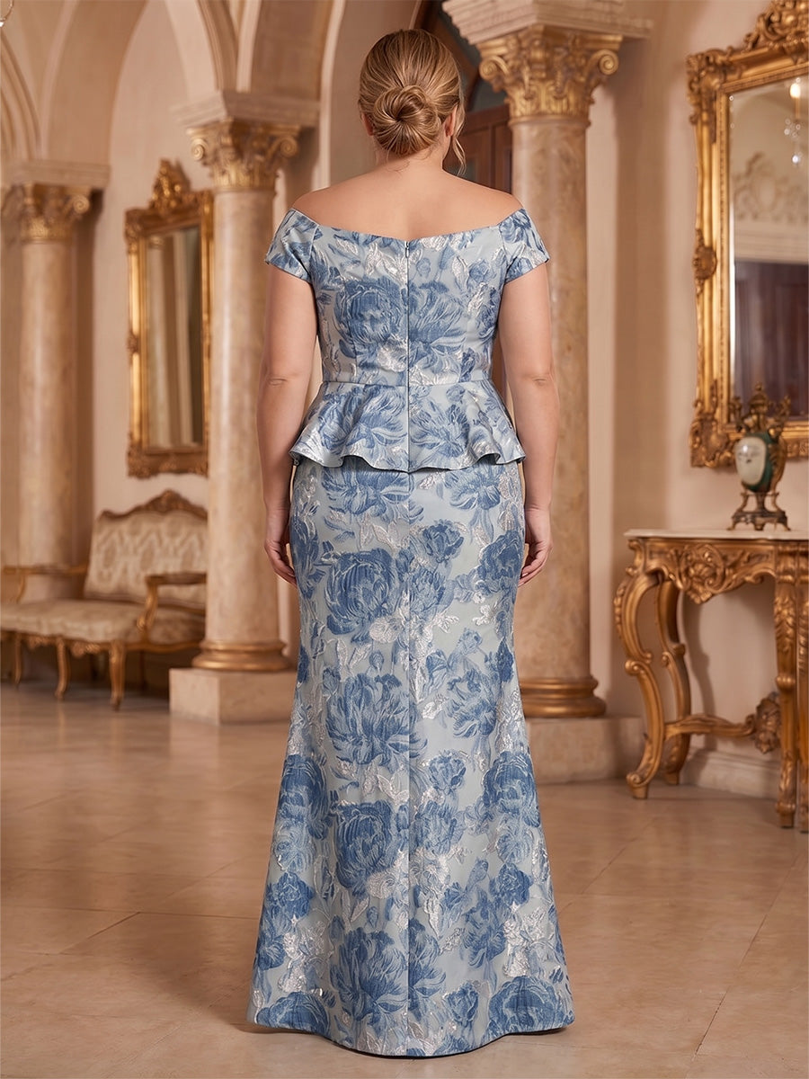 Plus Size Jacquard Sheath/Column Off Shoulder Floor-Length Mother of the Bride & Groom Dresses with Ruffles & Slit