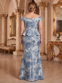 Plus Size Jacquard Sheath/Column Off Shoulder Floor-Length Mother of the Bride & Groom Dresses with Ruffles & Slit