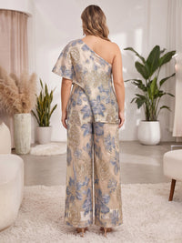 Plus Size Jacquard One Shoulder Floor-Length Mother of the Bride & Groom Jumpsuit for Women