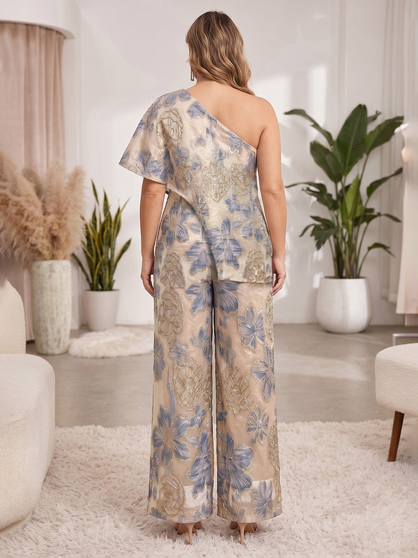 Plus Size Jacquard One Shoulder Floor-Length Mother of the Bride & Groom Jumpsuit for Women