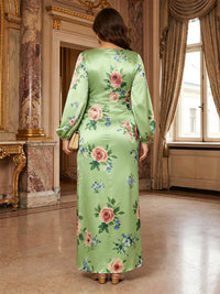 Plus Size Floral Print Sheath/Column V-Neck Floor-Length Mother of the Bride & Groom Dresses with Ruffles & Slit