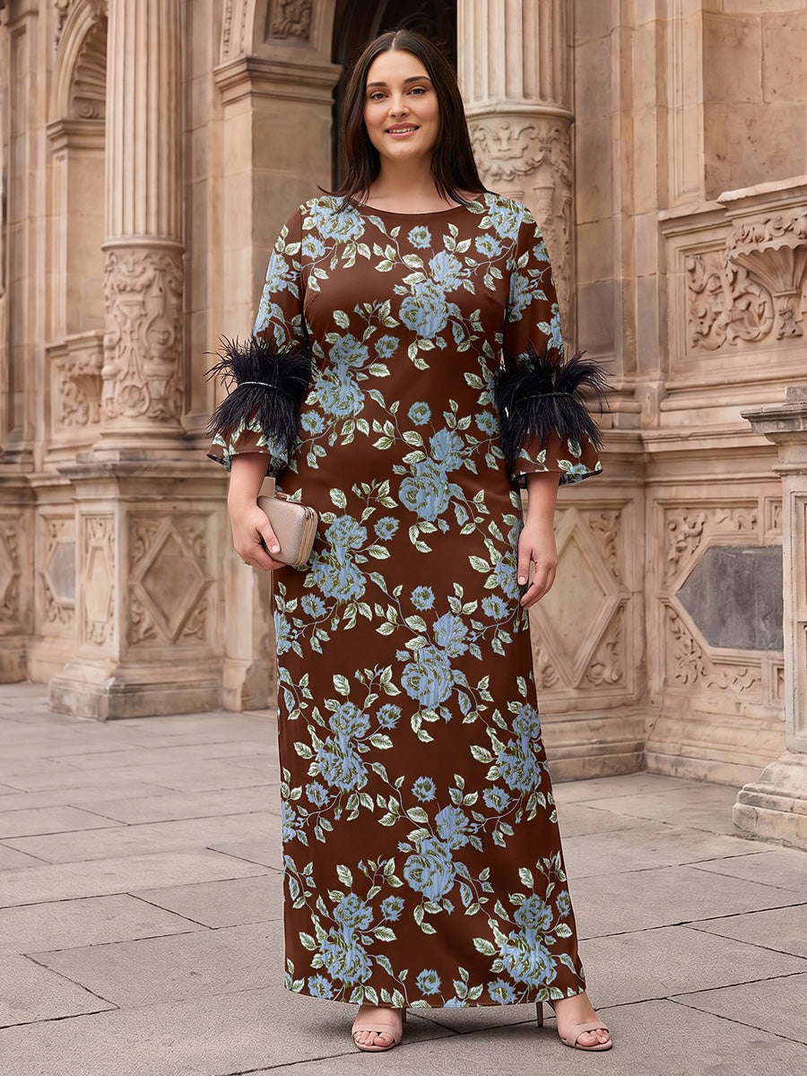 Plus Size Jacquard Sheath/Column Scoop Neck Floor-Length Mother of the Bride & Groom Dresses with Feather Trim