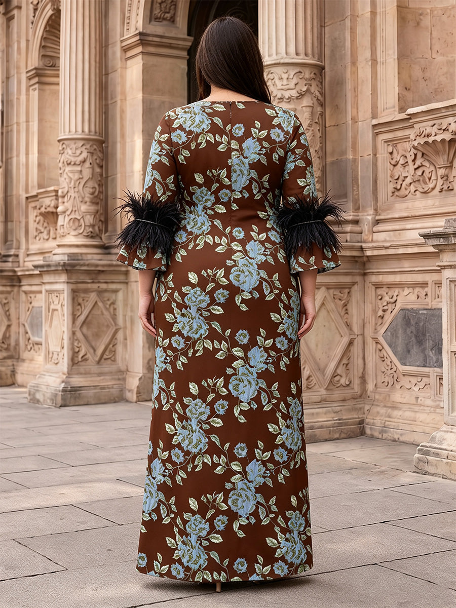 Plus Size Jacquard Sheath/Column Scoop Neck Floor-Length Mother of the Bride & Groom Dresses with Feather Trim