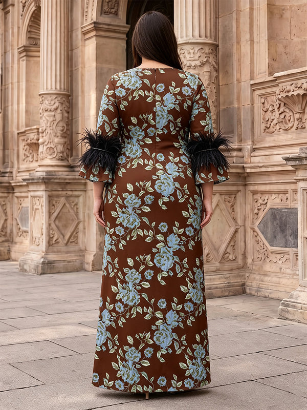 Plus Size Jacquard Sheath/Column Scoop Neck Floor-Length Mother of the Bride & Groom Dresses with Feather Trim