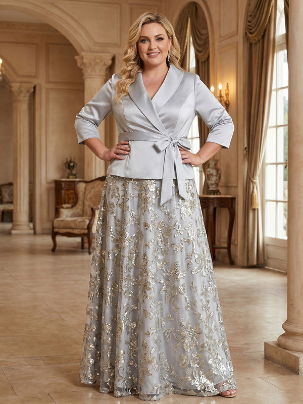 Plus Size Sequin Floral A-Line/Princess V-Neck Floor-Length Mother of the Bride & Groom Dresses with Satin Bodice & Pleats
