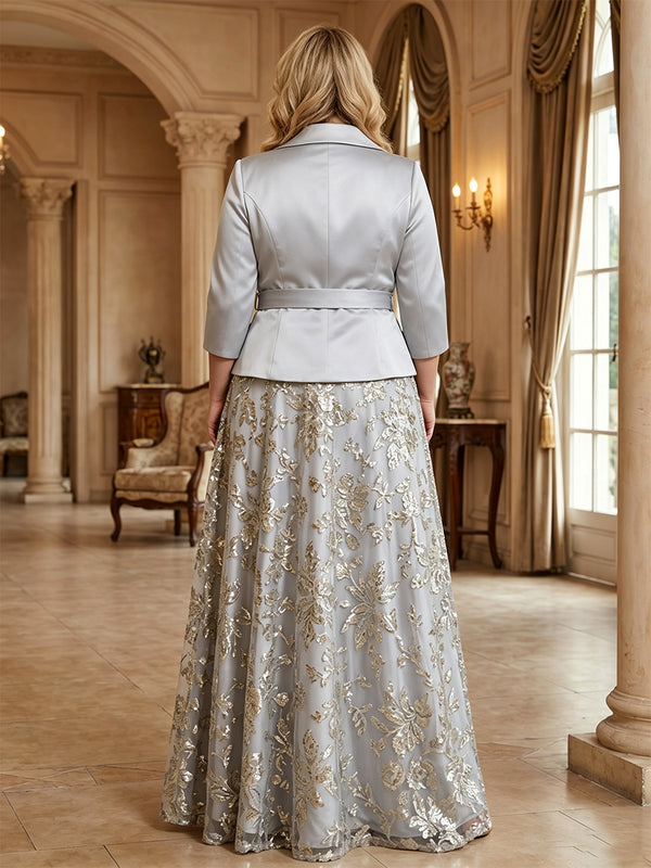 Plus Size Sequin Floral A-Line/Princess V-Neck Floor-Length Mother of the Bride & Groom Dresses with Satin Bodice & Pleats