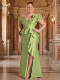 Plus Size Satin Sheath/Column Off Shoulder Floor-Length Mother of the Bride & Groom Dresses with Ruffles & Slit