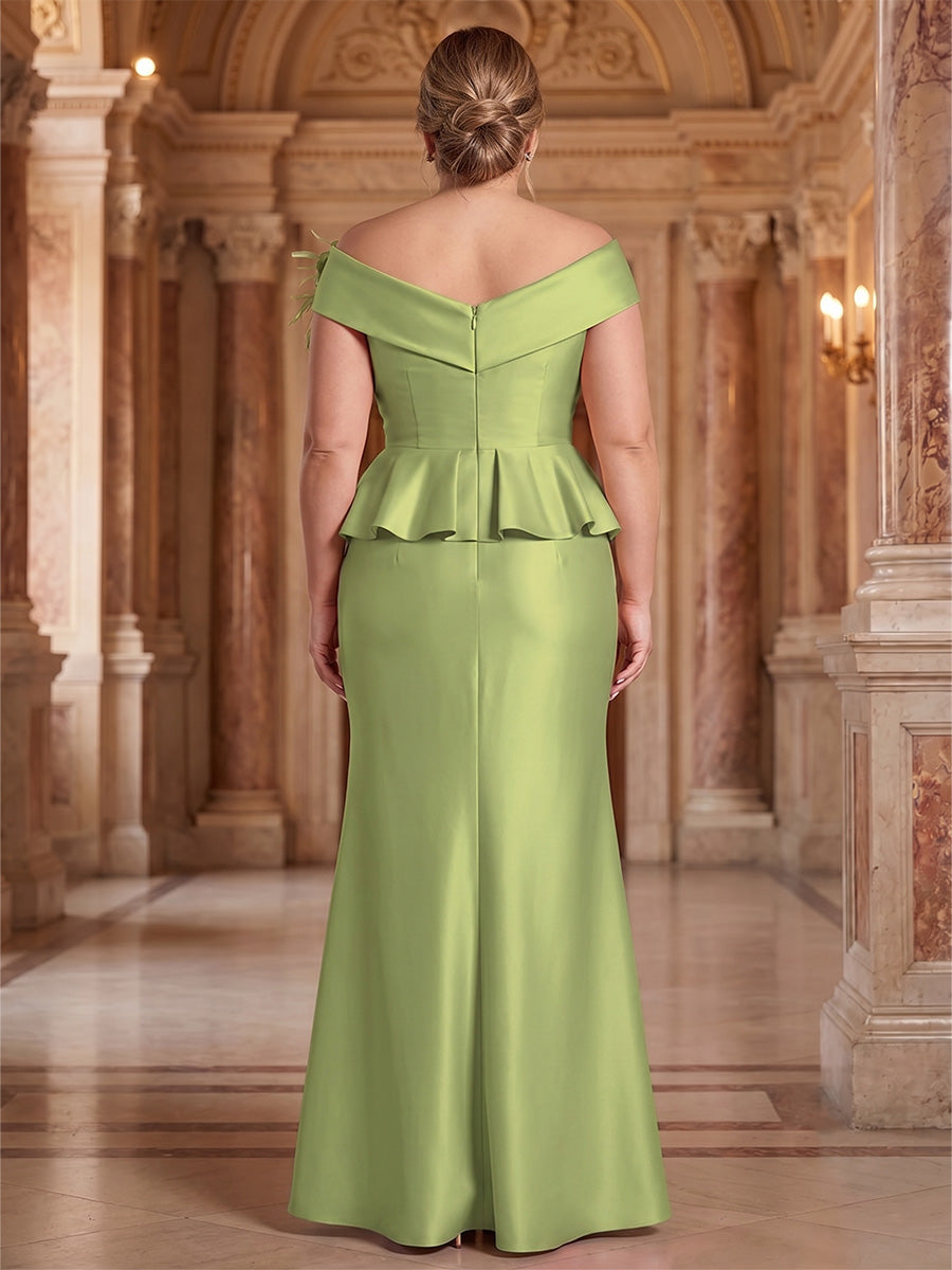 Plus Size Satin Sheath/Column Off Shoulder Floor-Length Mother of the Bride & Groom Dresses with Ruffles & Slit
