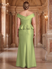 Plus Size Satin Sheath/Column Off Shoulder Floor-Length Mother of the Bride & Groom Dresses with Ruffles & Slit