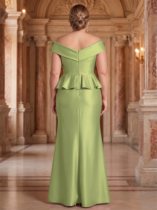 Plus Size Satin Sheath/Column Off Shoulder Floor-Length Mother of the Bride & Groom Dresses with Ruffles & Slit