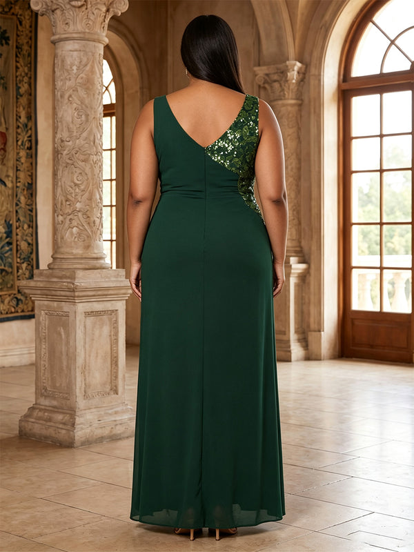 Plus Size Chiffon A-Line/Princess Square Neck Floor-Length Mother of the Bride & Groom Dresses with Sequin Details, Ruched Waist & Slit