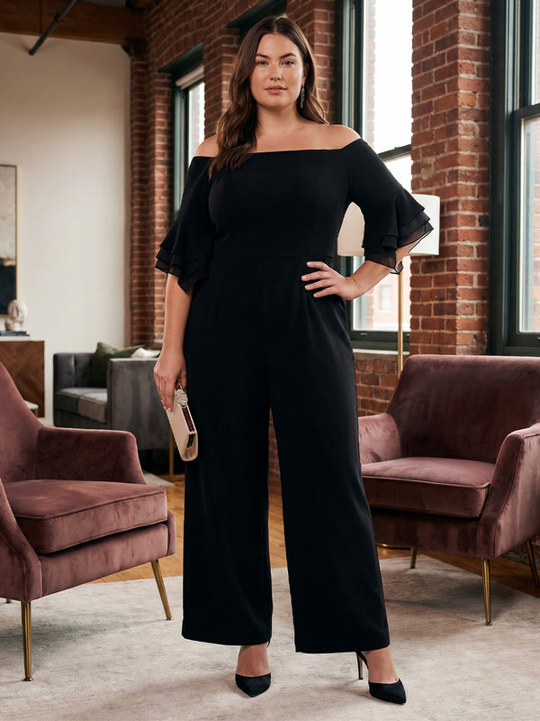 Plus Size Chiffon Off Shoulder Floor-Length Mother of the Bride & Groom Jumpsuit for Women