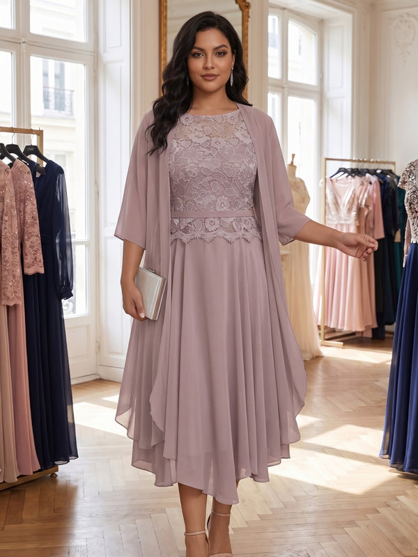 Plus Size Chiffon A-Line/Princess Scoop Neck Tea-Length Mother of the Bride & Groom Dresses with Lace Bodice & Pleats