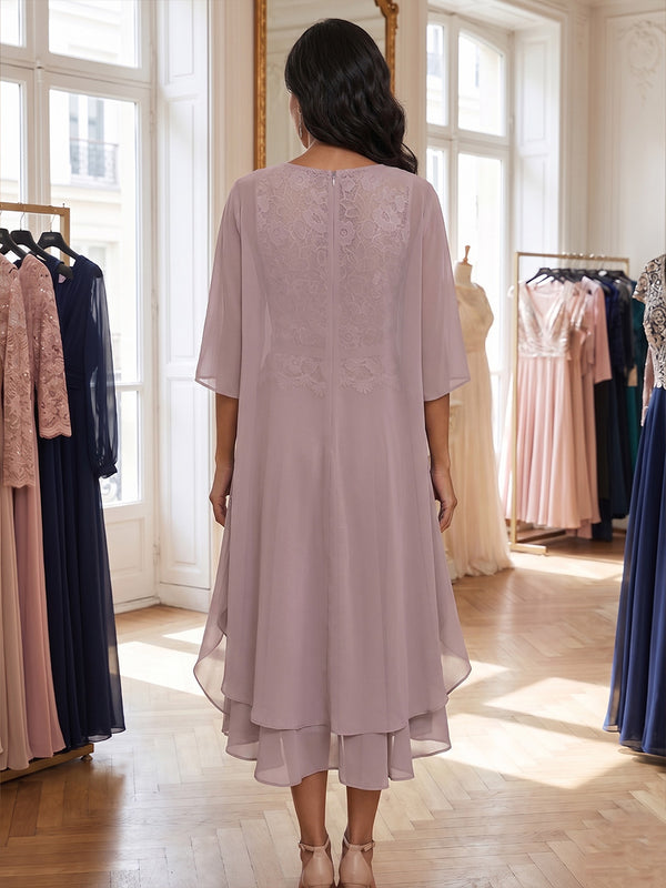 Plus Size Chiffon A-Line/Princess Scoop Neck Tea-Length Mother of the Bride & Groom Dresses with Lace Bodice & Pleats