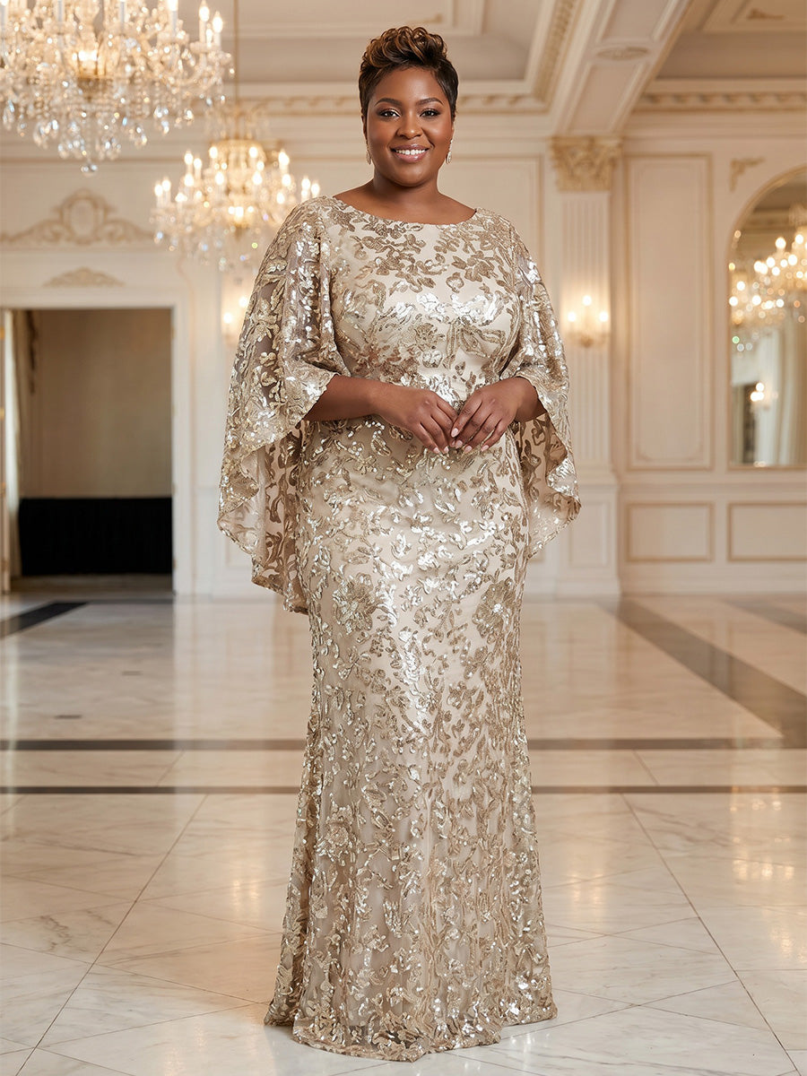Plus Size Sequin Floral Sheath/Column Scoop Neck Floor-Length Mother of the Bride & Groom Dresses for Women