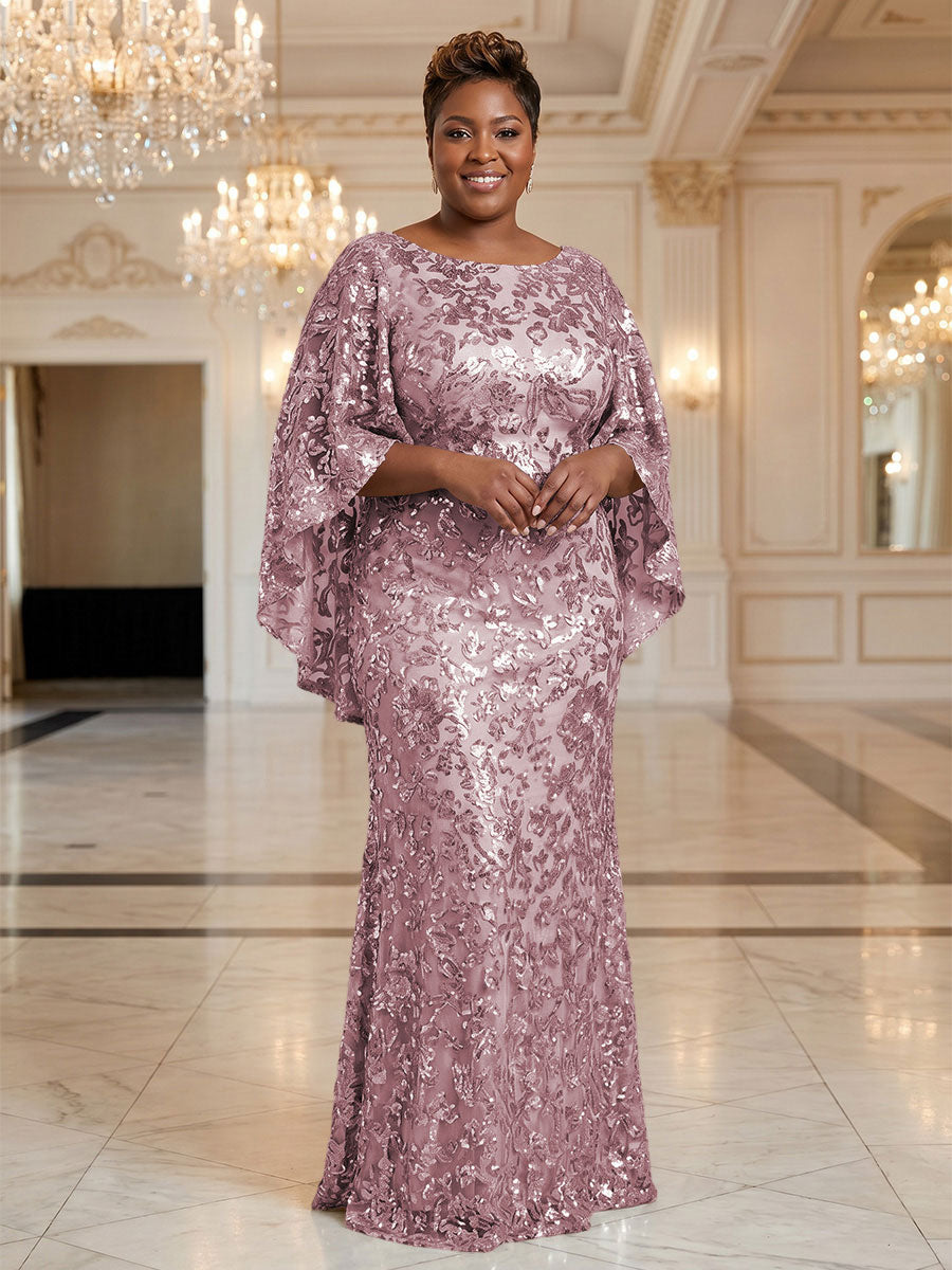 Plus Size Sequin Floral Sheath/Column Scoop Neck Floor-Length Mother of the Bride & Groom Dresses for Women