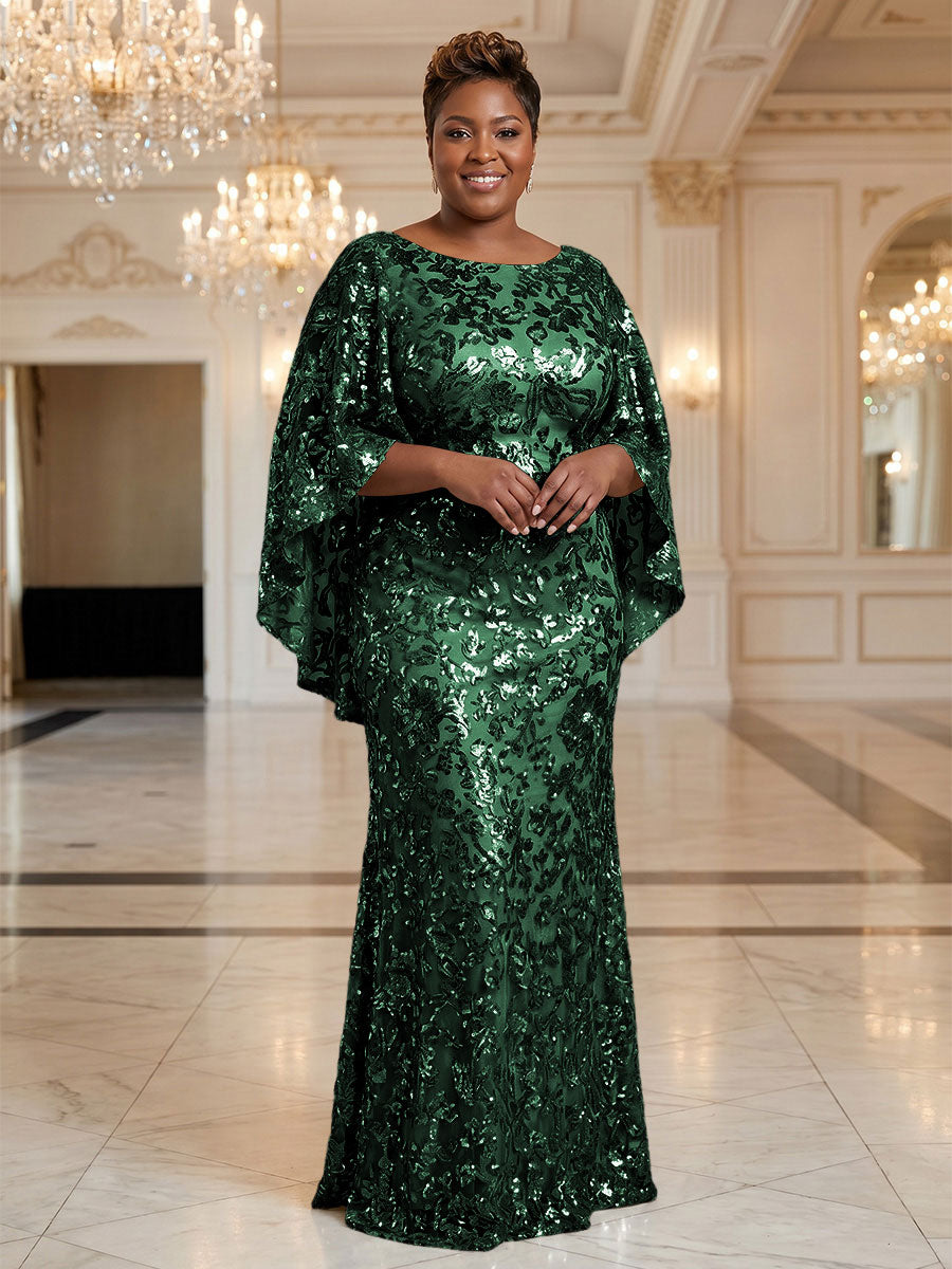 Plus Size Sequin Floral Sheath/Column Scoop Neck Floor-Length Mother of the Bride & Groom Dresses for Women