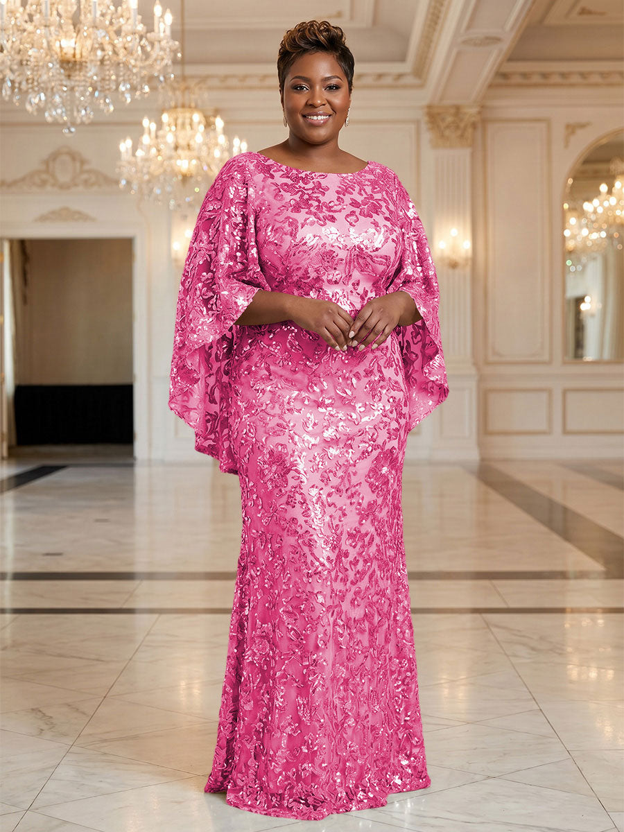 Plus Size Sequin Floral Sheath/Column Scoop Neck Floor-Length Mother of the Bride & Groom Dresses for Women