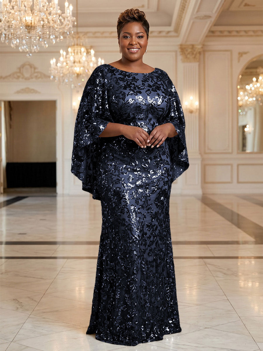 Plus Size Sequin Floral Sheath/Column Scoop Neck Floor-Length Mother of the Bride & Groom Dresses for Women