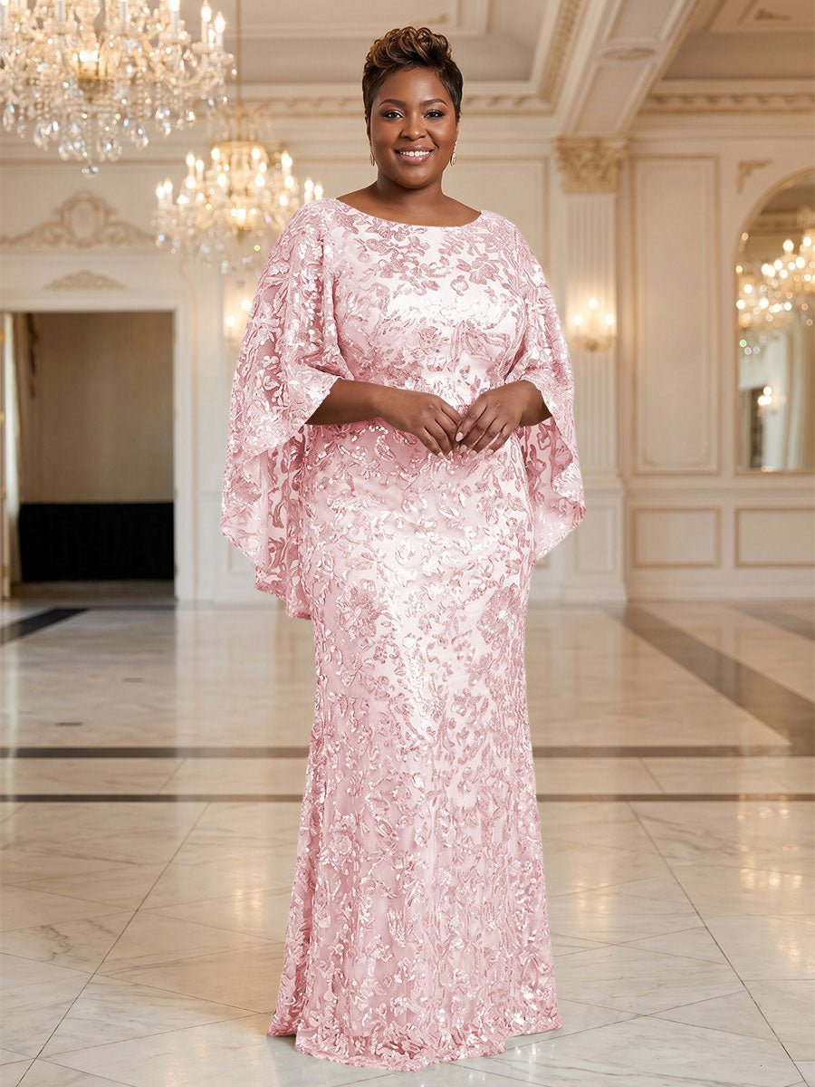 Plus Size Sequin Floral Sheath/Column Scoop Neck Floor-Length Mother of the Bride & Groom Dresses for Women
