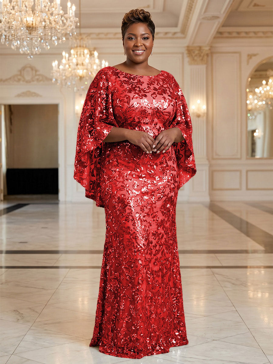Plus Size Sequin Floral Sheath/Column Scoop Neck Floor-Length Mother of the Bride & Groom Dresses for Women