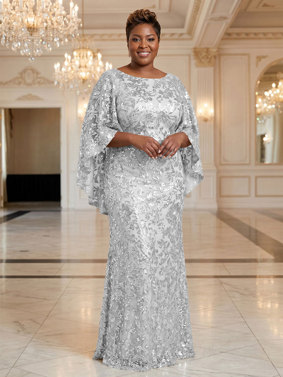 Plus Size Sequin Floral Sheath/Column Scoop Neck Floor-Length Mother of the Bride & Groom Dresses for Women