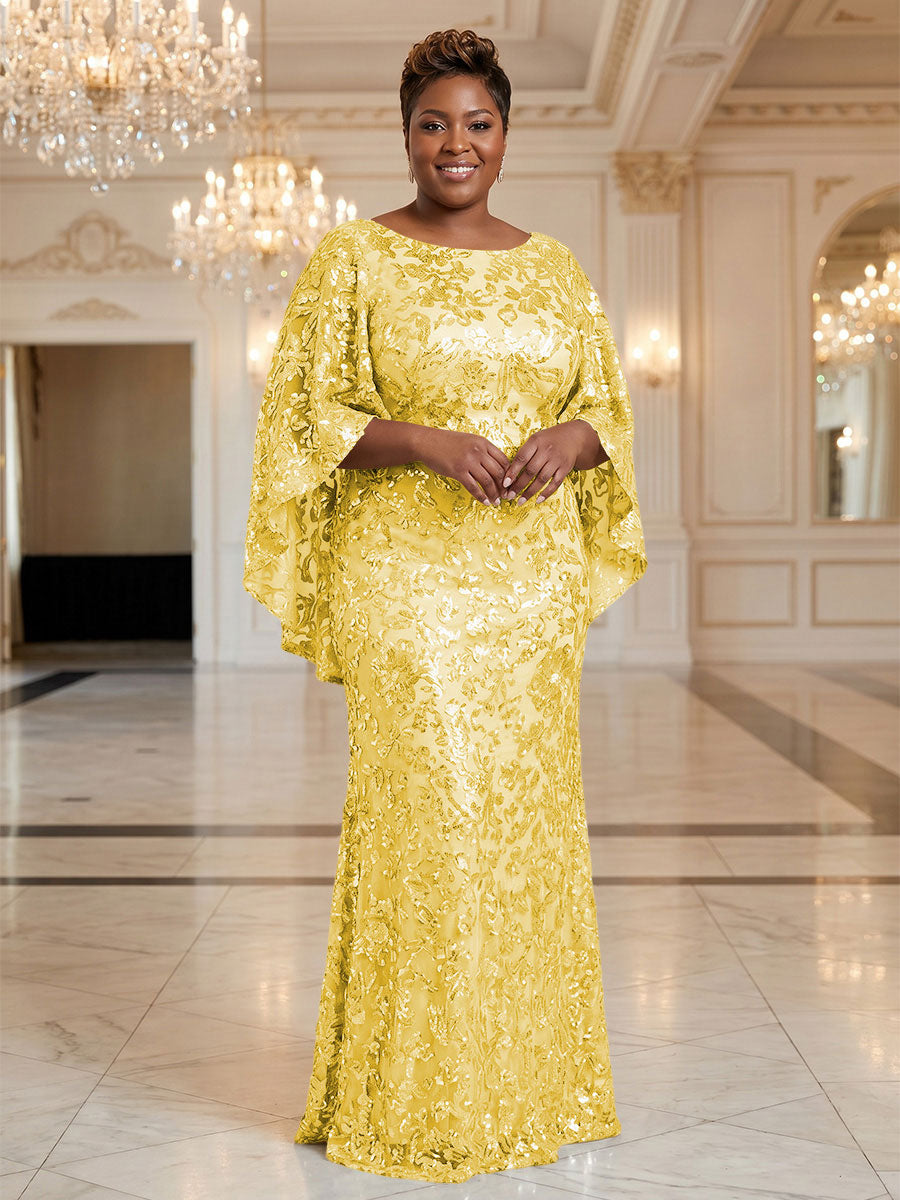 Plus Size Sequin Floral Sheath/Column Scoop Neck Floor-Length Mother of the Bride & Groom Dresses for Women