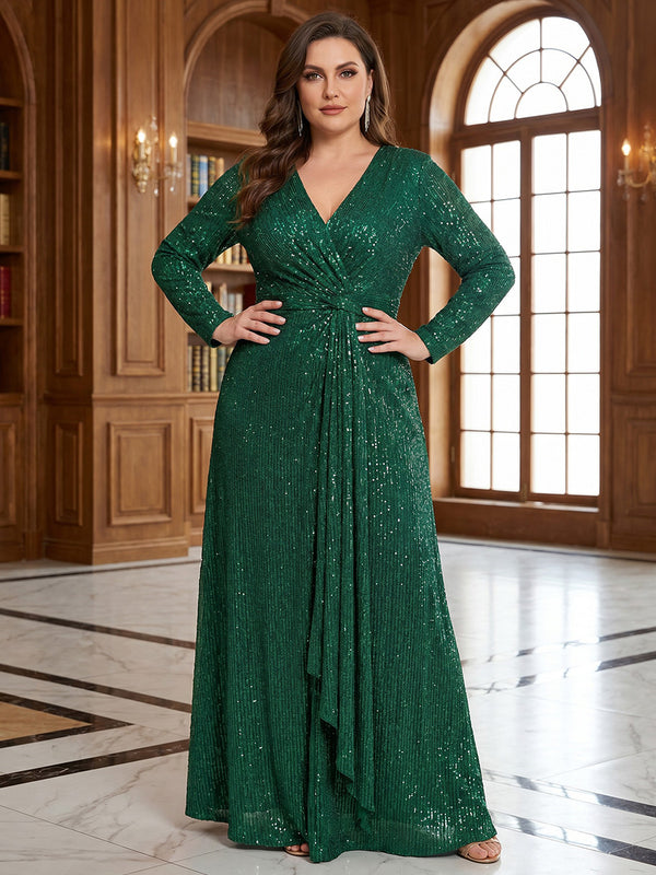 Plus Size Sequin A-Line/Princess V-Neck Floor-Length Mother of the Bride & Groom Dresses with Ruffles & Ruched Waist