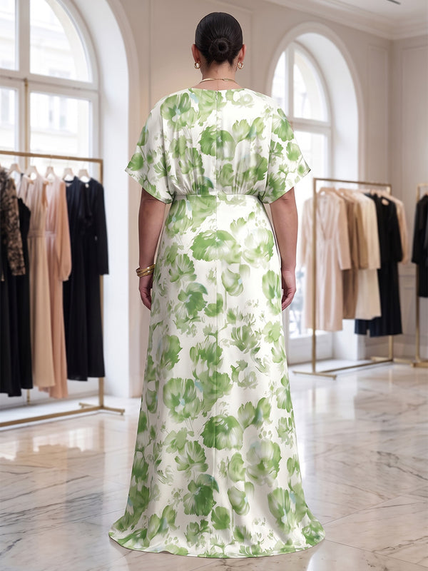 Plus Size Floral Print Sheath/Column V-Neck Floor-Length Mother of the Bride & Groom Dresses with Ruched Waist
