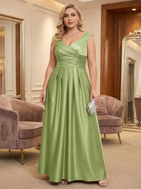 Plus Size Satin A-Line/Princess V-Neck Floor-Length Mother of the Bride & Groom Dresses with Pleats