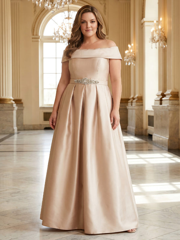 Plus Size Satin A-Line/Princess Off Shoulder Floor-Length Mother of the Bride & Groom Dresses with Rhinestones & Pleats