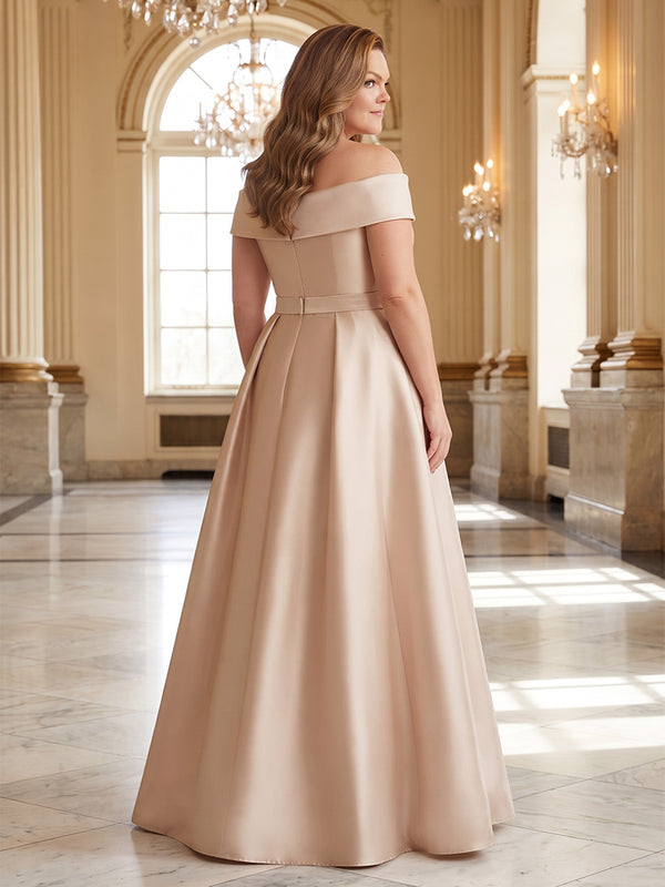 Plus Size Satin A-Line/Princess Off Shoulder Floor-Length Mother of the Bride & Groom Dresses with Rhinestones & Pleats