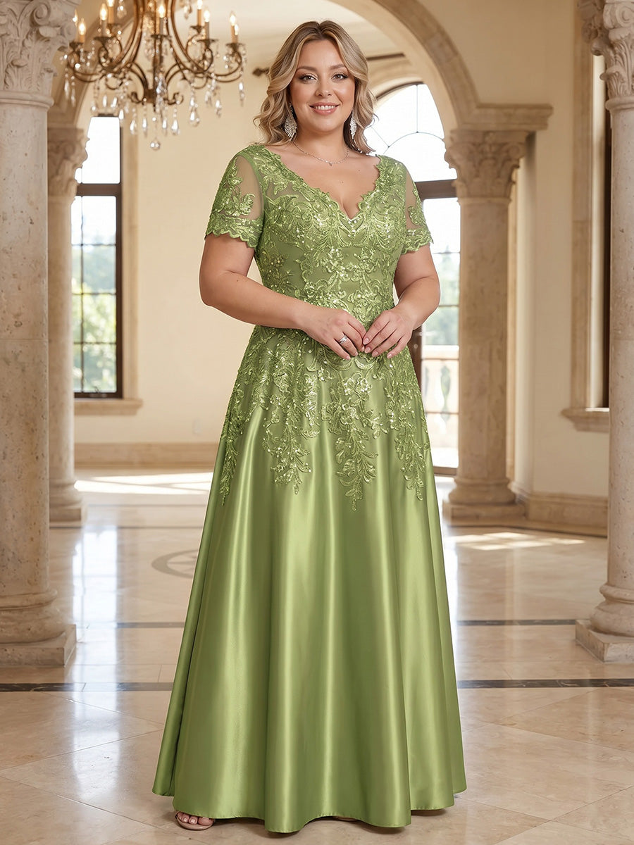Plus Size Satin A-Line/Princess V-Neck Floor-Length Mother of the Bride & Groom Dresses with Lace Embroidery Bodice