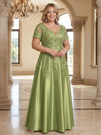 Plus Size Satin A-Line/Princess V-Neck Floor-Length Mother of the Bride & Groom Dresses with Lace Embroidery Bodice