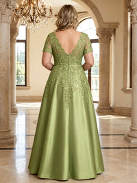 Plus Size Satin A-Line/Princess V-Neck Floor-Length Mother of the Bride & Groom Dresses with Lace Embroidery Bodice