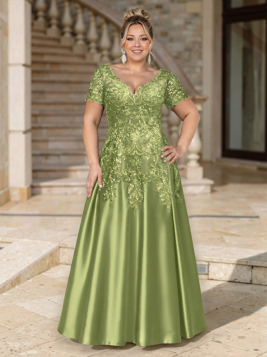 Plus Size Satin A-Line/Princess V-Neck Floor-Length Mother of the Bride & Groom Dresses with Lace Embroidery Bodice