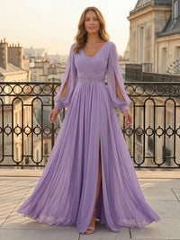 Chiffon A-Line/Princess V-Neck Floor-Length Mother of the Bride & Groom Dresses with Pleats & Slit
