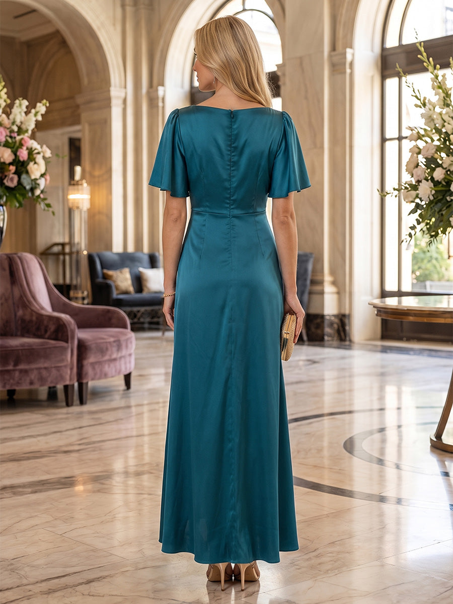 Satin A-Line/Princess Scoop Neck Floor-Length Mother of the Bride & Groom Dresses with Ruched Waist