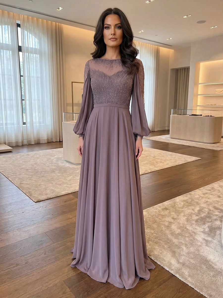 Chiffon A-Line/Princess Scoop Neck Floor-Length Mother of the Bride & Groom Dresses with Sequin Bodice & Pleats