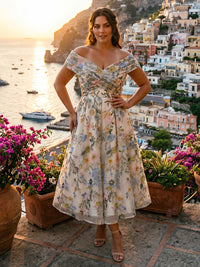 Plus Size Lace Embroidery A-Line/Princess Off Shoulder Tea-Length Mother of the Bride & Groom Dresses with Pleats