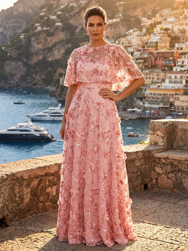 Plus Size Sequin Floral A-Line/Princess Scoop Neck Maxi Mother of the Bride & Groom Dresses with 3D Flowers & Pleats