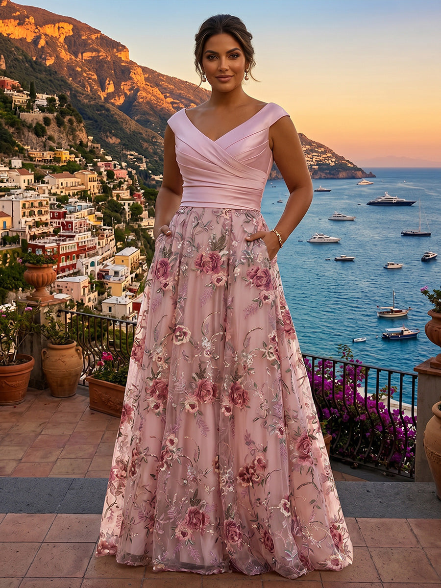 Plus Size Lace Embroidery A-Line/Princess V-Neck Maxi Mother of the Bride & Groom Dresses with Ruched Waist & Pockets