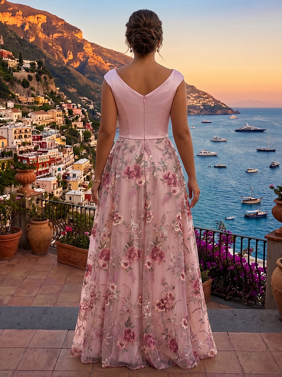 Plus Size Lace Embroidery A-Line/Princess V-Neck Maxi Mother of the Bride & Groom Dresses with Ruched Waist & Pockets