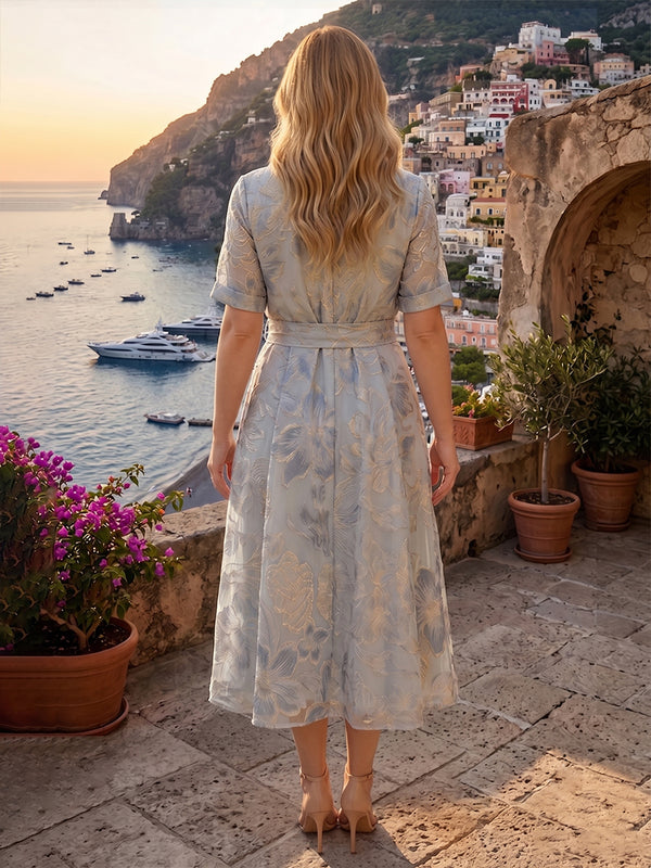 Plus Size Jacquard A-Line/Princess V-Neck Tea-Length Mother of the Bride & Groom Dresses with Belt & Pockets