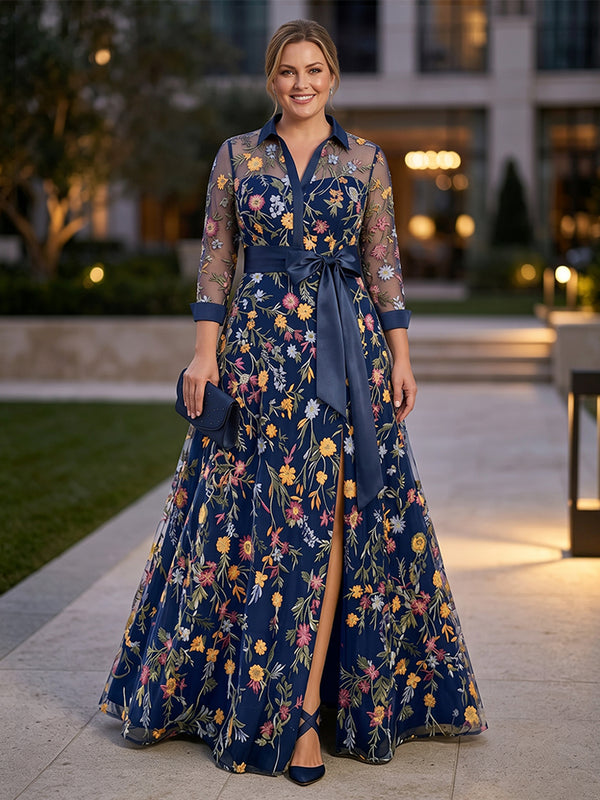 Plus Size Lace Embroidery A-Line/Princess V-Neck Maxi Mother of the Bride & Groom Dresses with Belt & Slit